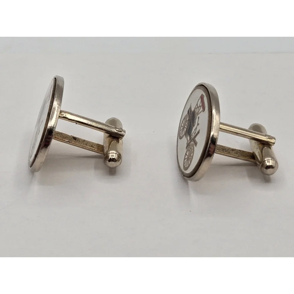 Vtg Automobile Antique Coupe Cufflinks Enamel White Black Red Goldtone Car